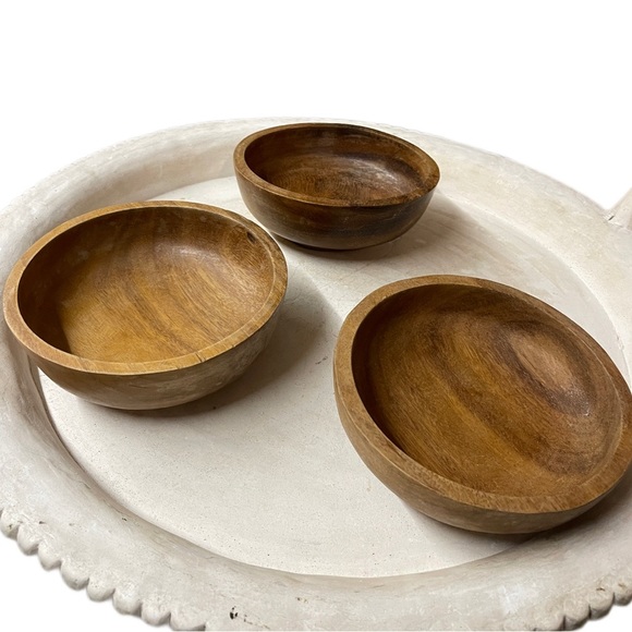 Vintage Raw Teak Wood Trio Of Decorative Wooden Bowls - Picture 10 of 17